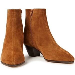 MAJE Flika Suede Ankle Boots Stacked Heel Pointed Toe Side Zip Camel Brown NEW